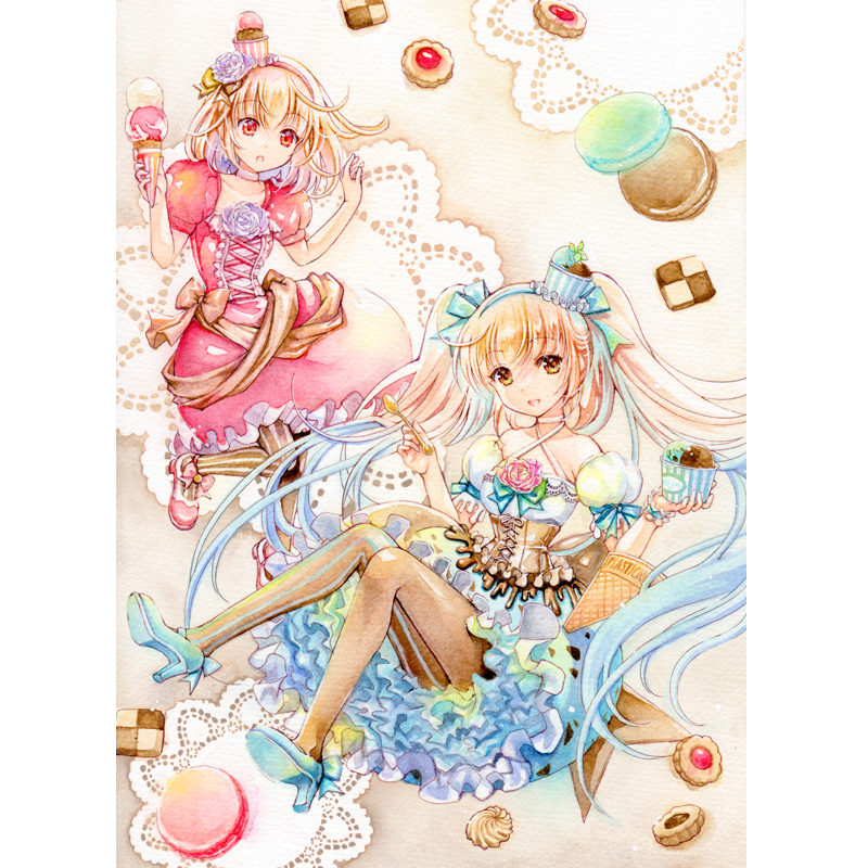 額装原画（透明水彩画）「Mint & Strawberry」